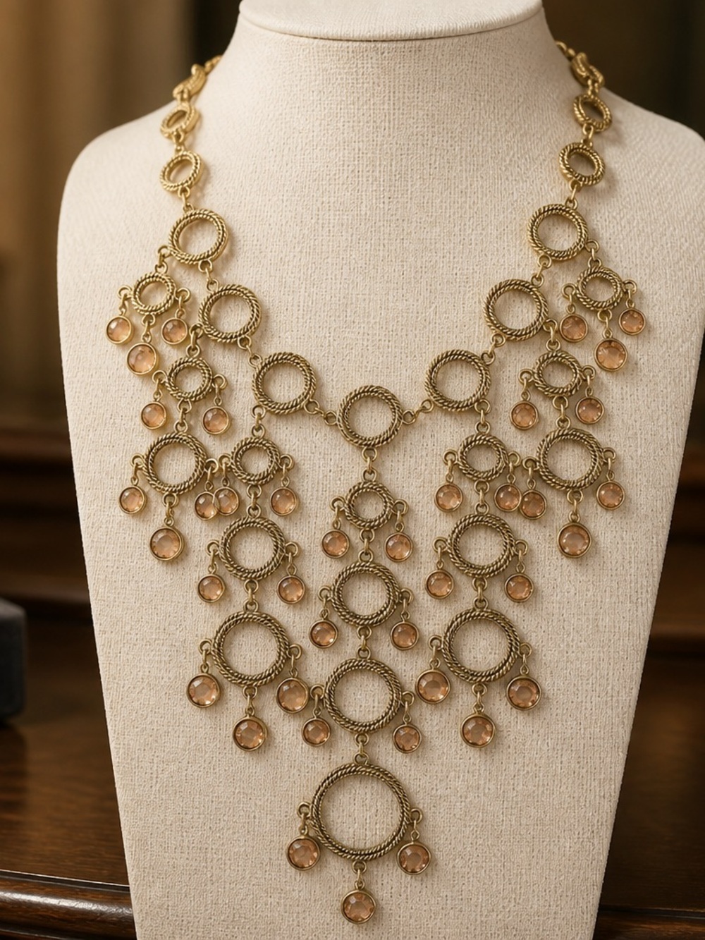 Goldette Vintage Amber Statement Necklace Signed Bib Gold Tone